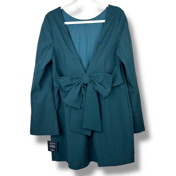 Lulus NWT Elegant Cutie Emerald Bow Bell-Style Long Sleeve Backless Mini Dress - Picture 6 of 8